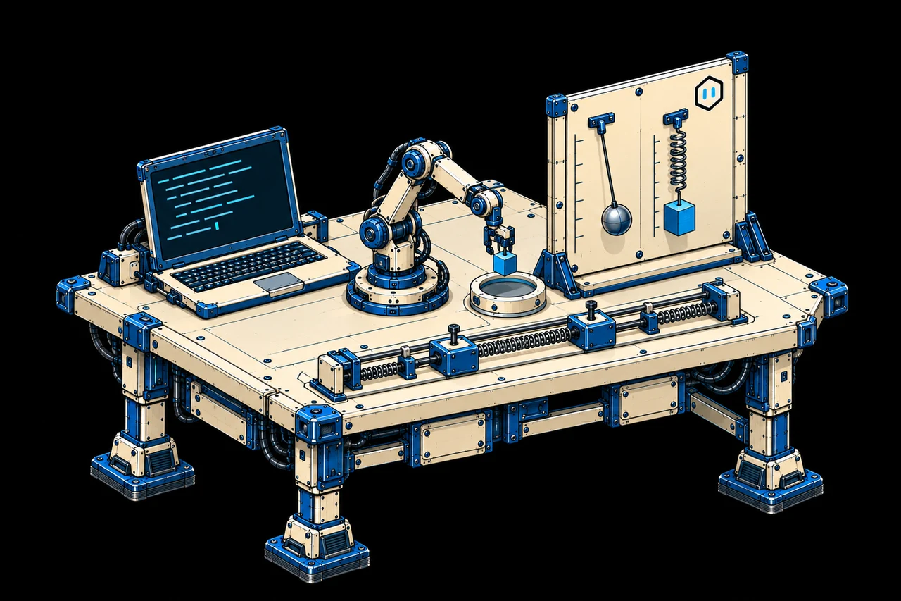 An ivory and blue coding laboratory with a robotic arm, physics experiments, and a small six-sided HexaFuture mark on the rear panel.