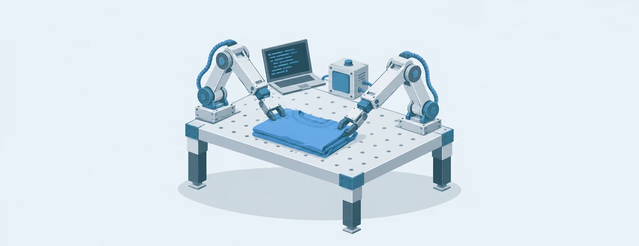 A pale-blue isometric workbench with two robot arms folding a blue cloth, a code terminal, and a robot tool controller.